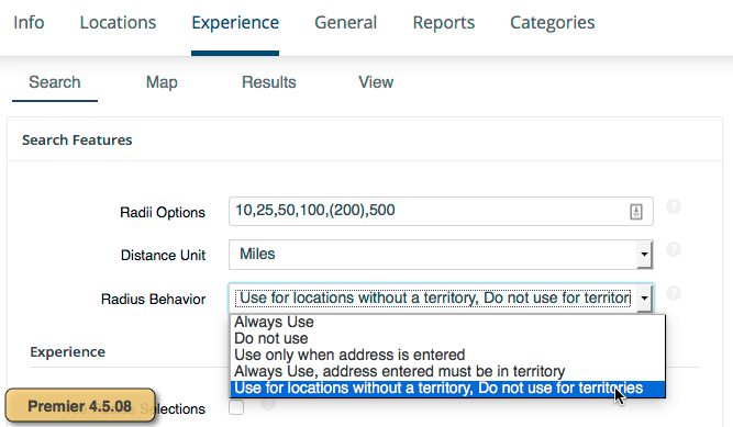 Premier 4.5.08 Experience Search Radius Behavior